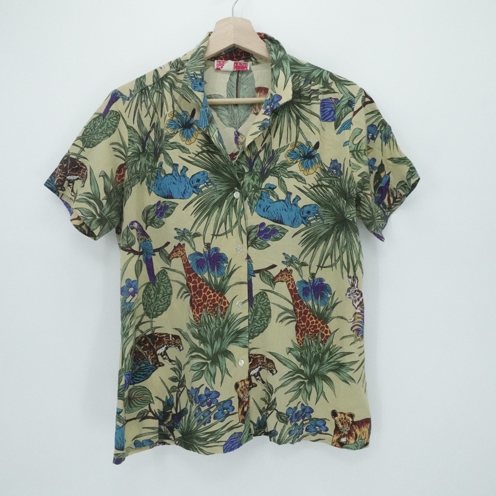 Jungle Animal Print Shirt Womens Medium‎ Safari Tropical Short Sleeve Vintage